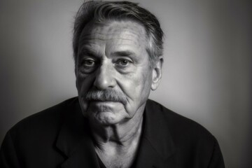 Black-and-white portrait of an elderly man with a serious expression
