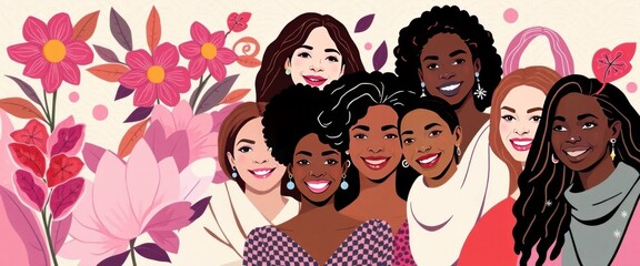 watercolor International Women's Day background. Powerful women. AccelerateAction. Seamless pattern with different women's race