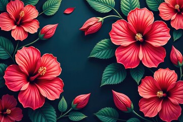 Obraz premium Bold hibiscus blooms, stylized leaves, repeating motif , wallpaper, background, Hibiscus