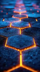 Obraz premium A close-up view of hexagonal stone tiles illuminated by glowing orange lines.
