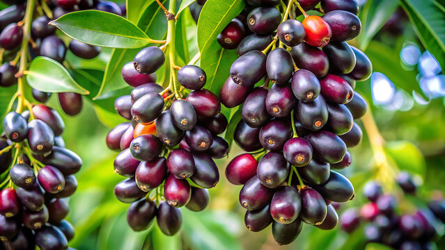 Lush Jamun Clusters Ripe Java Plum, Tropical Black Plum, Juicy Fruit Bunches