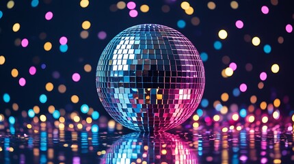 Shiny mirror disco ball reflecting multicolored lights, surrounded by glowing orbs and tiny candles, evoking a nostalgic 80s dance club and retro party ambiance