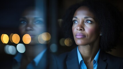 Fototapeta na wymiar Pensive Woman at Night Looking Out Window at City Lights