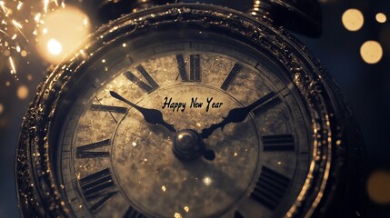 n elegant graphic with a vintage clock about to strike midnight. Add the text "Happy New Year"