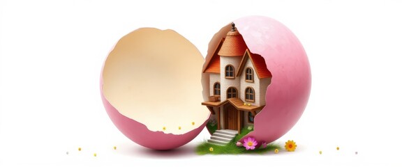 Beautiful homemade pink Easter egg 3D decoration featuring a charming pink house surrounded by flowers on a festive background isolated on white background