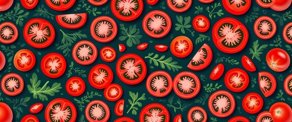 Scarlet tomato slices scattered digital art pattern abstract design illustration background