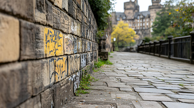 Stone Wall Path with Yellow Graffiti and City Background