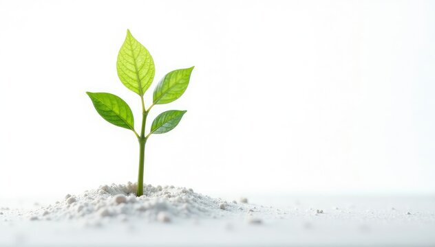 Tiny tree sprout, vibrant green leaves, pure white background, twig, fresh