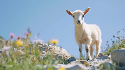 Obraz premium A curious young goat standing on rocky terrain with blooming wildflowers under a bright blue sky in a serene mountainous landscape