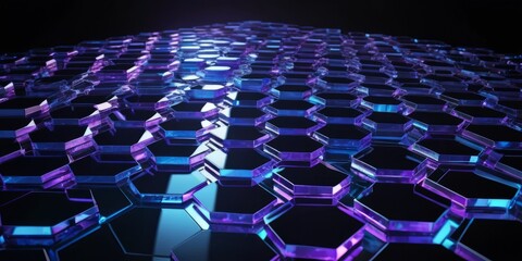 Obraz premium Futuristic abstract 3D render of interconnected hexagonal glass tiles with a reflective, metallic finish in black design