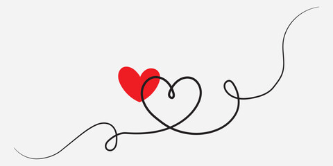 One continuous drawing of heart and red color love sign. Thin flourish and romantic symbols in simple linear style. Editable stroke. Doodle vector illustration