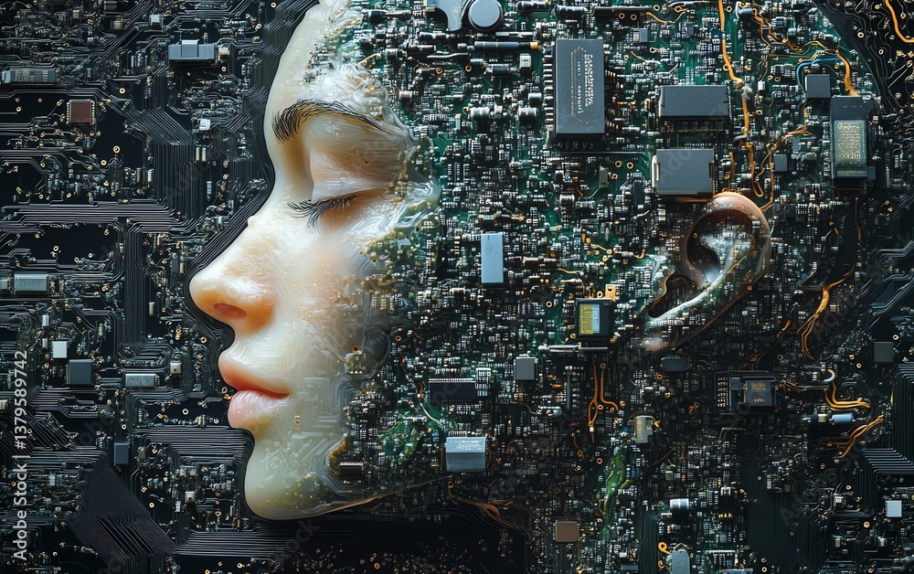 Aufkleber Intricate face and brain profile formed by electronic chip circuits, showcasing neuromorphic engineering and the simulation of neuron activity and AI cognition