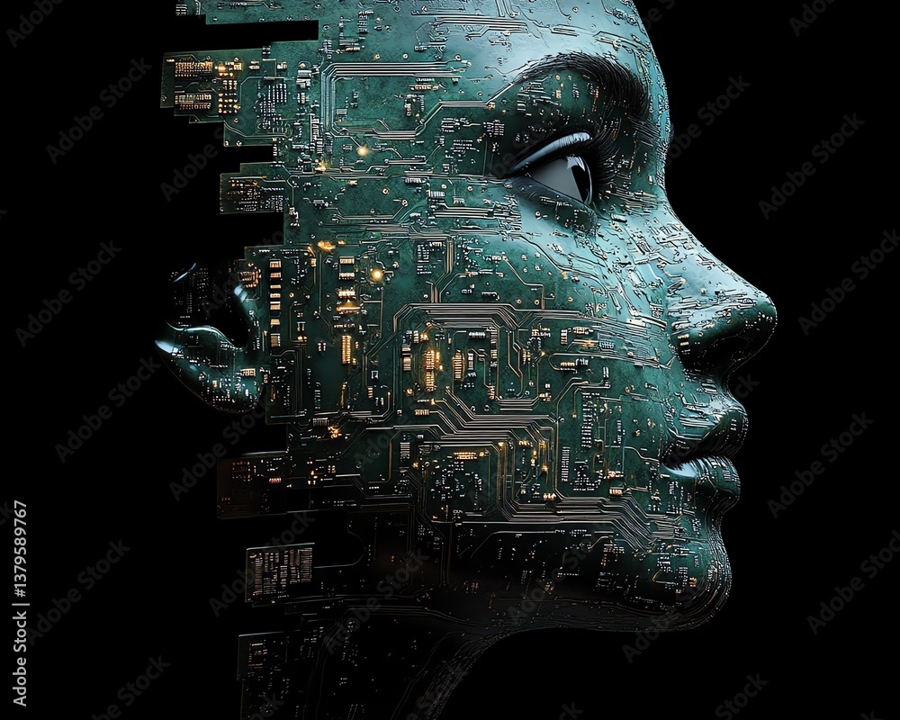 Leinwandbilder Neuromorphic engineering concept brain and face profile made of connected electronic chip circuits, symbolizing artificial neurons and cognitive computing