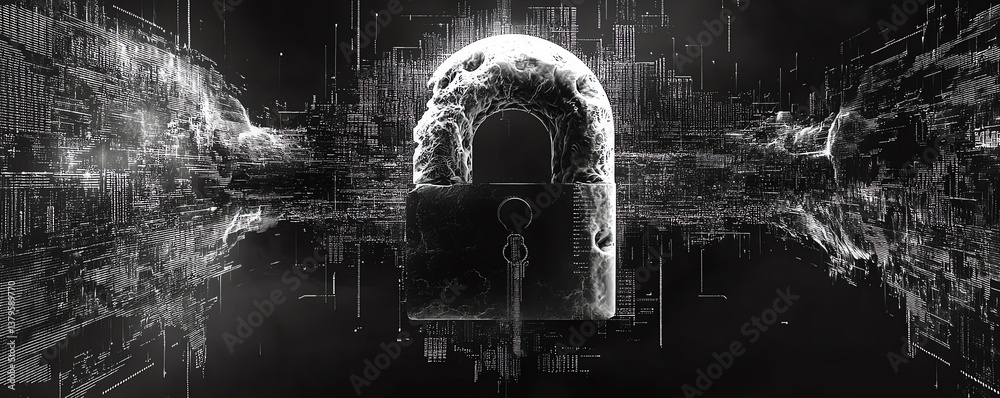 Poster Padlock surrounded by flowing digital programming codes and AI encryption, illustrating the concept of information security and the power of generative AI in cybersecurity