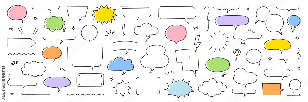 Poster Line frame text speech bubble set. Line balloon frame design talk speech bubble frame. Comic japan style design conversation text dialog balloon, simple doodle thinking cloud. Vector illustration