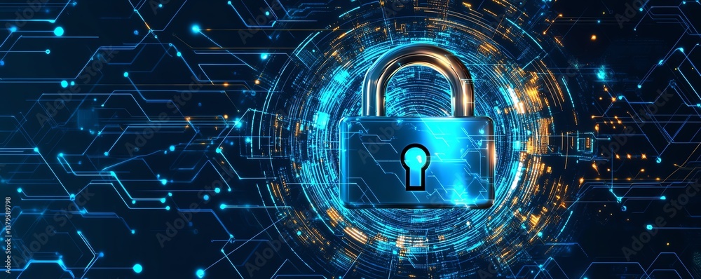 Poster Padlock symbolizing technology information security, surrounded by flowing programming codes and digital encryption, representing generative AI and cyber protection