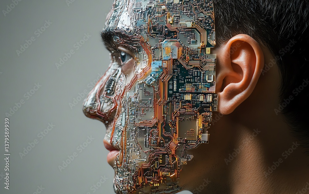Poster Face profile with neural circuits and electronic chips, showcasing neuromorphic engineering simulating brainlike behavior and advanced technology