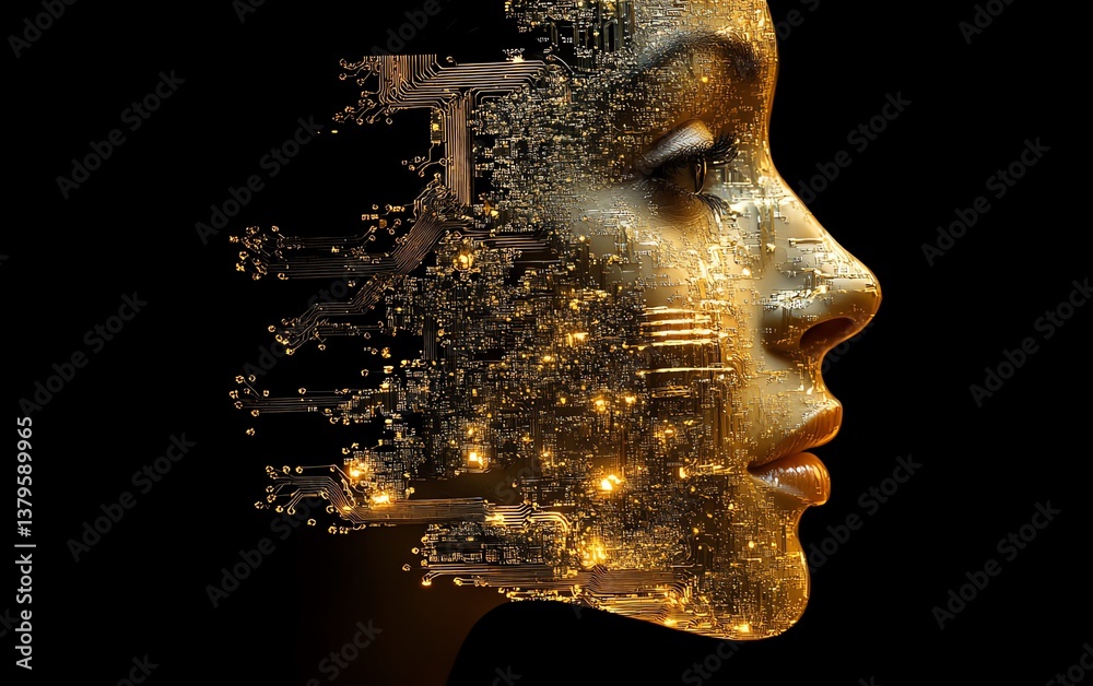 Fototapete face profile with neural circuits and electronic chips, showcasing neuromorphic engineering simulati