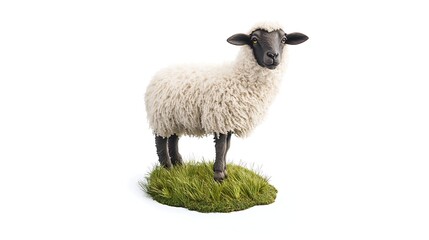 Fototapeta premium Black-faced sheep standing on green grass, showcasing fluffy white wool and a curious expression against a bright, neutral background