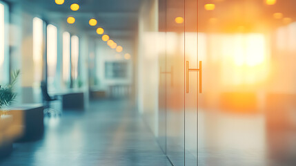 Bright Modern Office Interior with Glass Doors and Warm Lighting