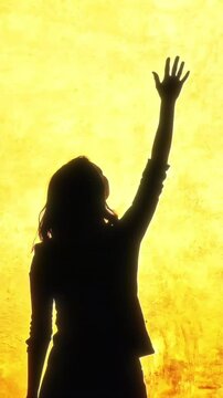 silhouette of a young woman in the sunset, rising her hand, church praise