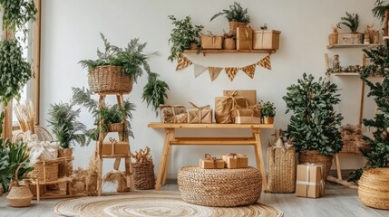 Rustic room, eco-friendly gifts, plants, shelves, wooden table, natural decor, sustainable lifestyle, online shop