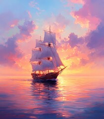 Fototapeta premium A majestic sailing ship glides through calm waters under a vibrant sunset, with colorful clouds reflecting in the serene sea.