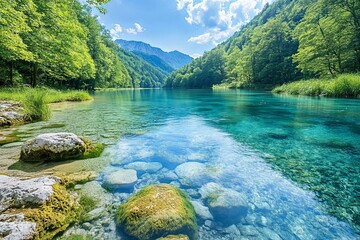 Clear blue water flows through the lush green mountains and trees