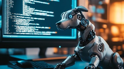 A futuristic robotic dog interacting with a computer screen filled with code in a modern tech environment