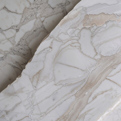 White marble slab with intricate beige and gray veining in natural polished stone texture and diagonal composition  
