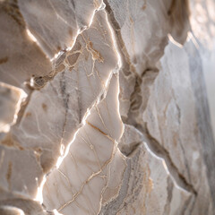 Close-up of textured marble wall with illuminated golden veins and natural stone layers  
