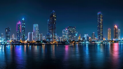 Obraz premium Illuminated cityscape skyline reflecting in a dark river at night