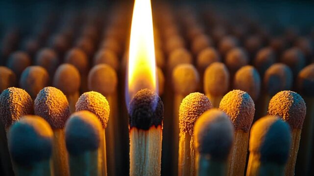 Single Burning Match in Row of Matches. Focus on Innovation
