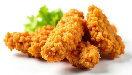 Crispy fried chicken strips, isolated on white , dinner, studio shot, high calorie