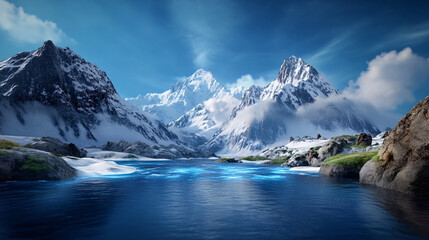 Obraz premium stunning landscape featuring majestic snow capped mountains reflecting in serene blue lake, surrounded by lush greenery and rocky terrain, evoking sense of tranquility and natural beauty