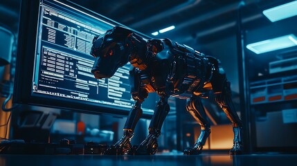Futuristic robotic dog interacting with advanced technology in a high-tech environment featuring glowing screens and complex data