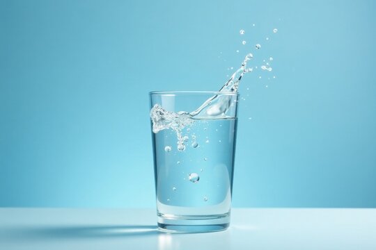 Refreshing Hydration Crystal-Clear Water Splashing into a Glass on a Serene Blue Background