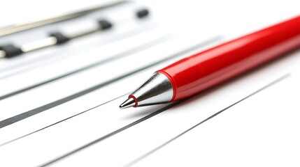 Red Pen on White Lined Paper Surface CloseUp Macro Shot Shiny Office Supply