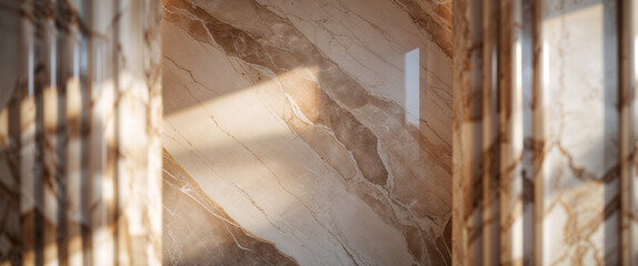 Polished brown marble wall with linear veining and warm light reflections in a luxury interior with decorative columns  
