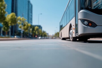 isolated city bus on empty street with abundant copy space and clear sky as backdrop