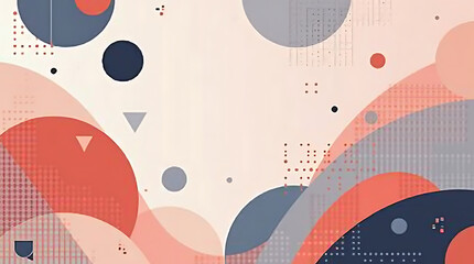 Obraz premium Abstract geometric design with coral peach and gray circles waves and triangles on a beige background