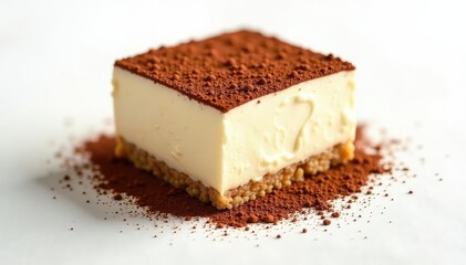 Individual portion of tiramisu, dusted cocoa, white background , high-angle shot, dessert photography