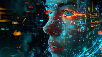 AI Future: Algorithmic Optimization and Resource Distribution - Futuristic portrait symbolizing AI, technology, data flow, human connection