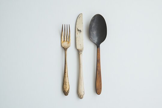 Rustic Fork Knife and Spoon Flat Lay Vintage Utensils on White Background