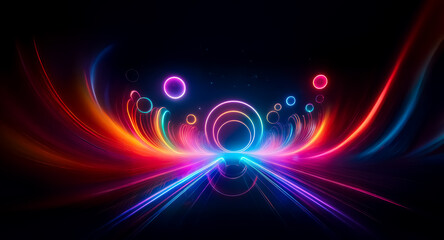 Abstract neon lights on a dark backdrop. Colorful glowing circles and lines create a futuristic and vibrant design with a sense of motion.