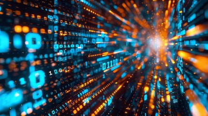 Obraz premium Binary Stream Data Flow Tunnel - Abstract data flow, binary code, technology, network, speed, future