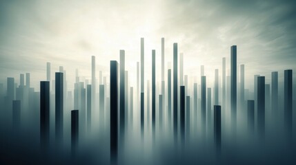 Abstract cityscape with vertical structures in misty background.