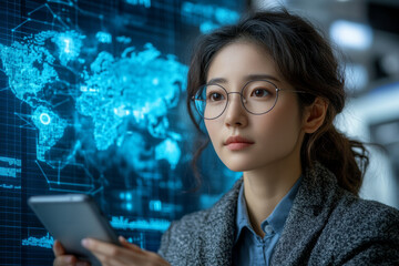 woman with glasses is using smartphone while analyzing digital data on screen, showcasing modern fintech concept with global map in background