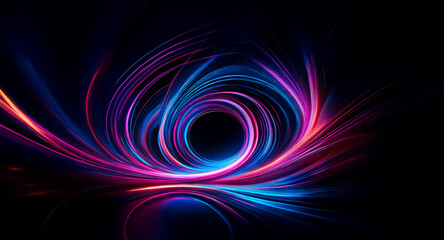 Vibrant swirls of blue, pink, and orange light converge into a central dark vortex against a stark black background, resembling cosmic energy.