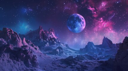 Cosmic Landscape Serenity Night Sky - A serene cosmic landscape, symbolizing mystery, wonder, exploration, dreams, and infinity. Vast mountains under a vibrant starry sky with a large moon